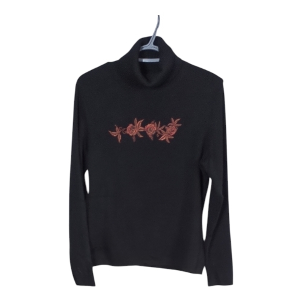 Bogner Embroidered Wool Blend Black Turtleneck Sweater Size Medium